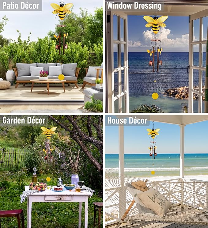 CoTa Global Bee Wind Chime - Handmade Metal and Glass Hanging Decor, Yellow and Black Garden Ornament with Copper Tubes, Indoor Outdoor Porch Patio Yard Decoration - 33 Inches