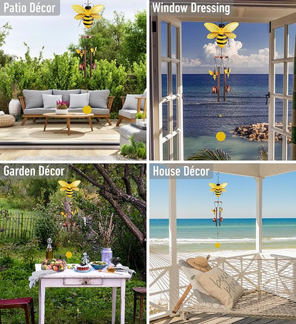 CoTa Global Bee Wind Chime - Handmade Metal and Glass Hanging Decor, Yellow and Black Garden Ornament with Copper Tubes, Indoor Outdoor Porch Patio Yard Decoration - 33 Inches