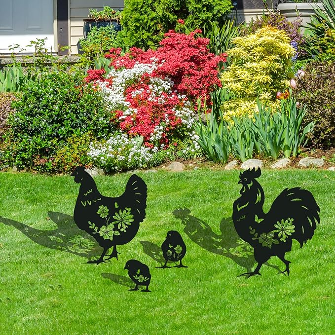 Rngmsi Metal Chicken Yard Art - 4PCS Chicken Garden Decor - Funny Garden Decorations for Yard - Cute Rooster Yard Art - Outdoor and Garden Gifts - Decorative Lawn Stakes for Men and Women