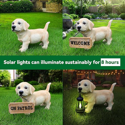 Outdoor Labrador Dog Statue with Interchangeable Welcome Sign and Detachable Solar Lantern –LED Light Garden Dog Sculpture Décor, Cute Puppy Design for Yard, Porch, Gift