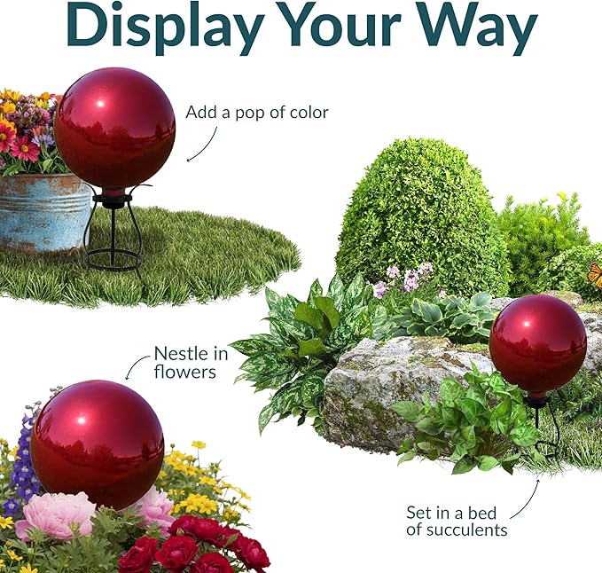 Sunnydaze 10-Inch Gazing Ball for Garden - Glass Gazing Globe with Mirrored Stainless Steel Finish - Red