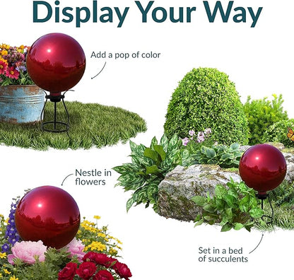 Sunnydaze 10-Inch Gazing Ball for Garden - Glass Gazing Globe with Mirrored Stainless Steel Finish - Red