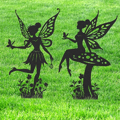 Fairy Garden Decor for Outside - 2 Pcs Metal Yard Stakes Decorative Lawn Patio Pathway Signs Black Silhouette Statue Ornaments Appreciation Housewarming Birthday Gifts for Women Girls Mom