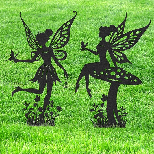 Fairy Garden Decor for Outside - 2 Pcs Metal Yard Stakes Decorative Lawn Patio Pathway Signs Black Silhouette Statue Ornaments Appreciation Housewarming Birthday Gifts for Women Girls Mom