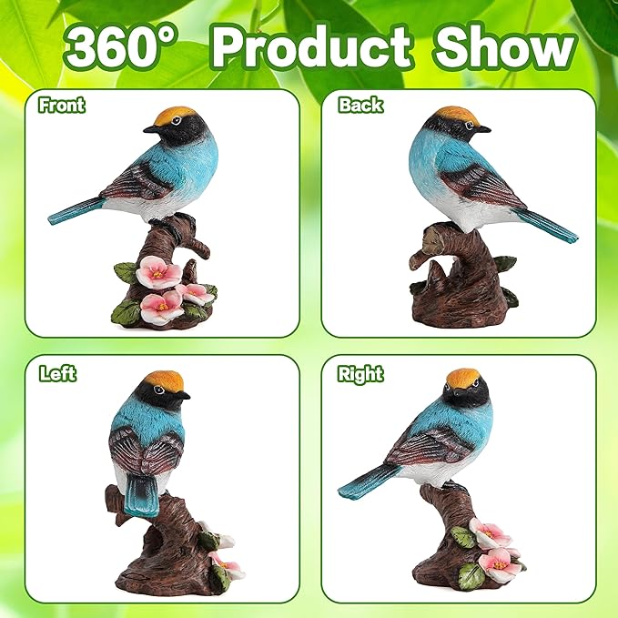 Garden Bird Statue for Outdoor Decor, Blue Bird Figurine Perched on Branch with Pink Flowers for Backyard Yard Patio, Bird Decorations for Home Shelf, Mother's Day Birthday Gifts