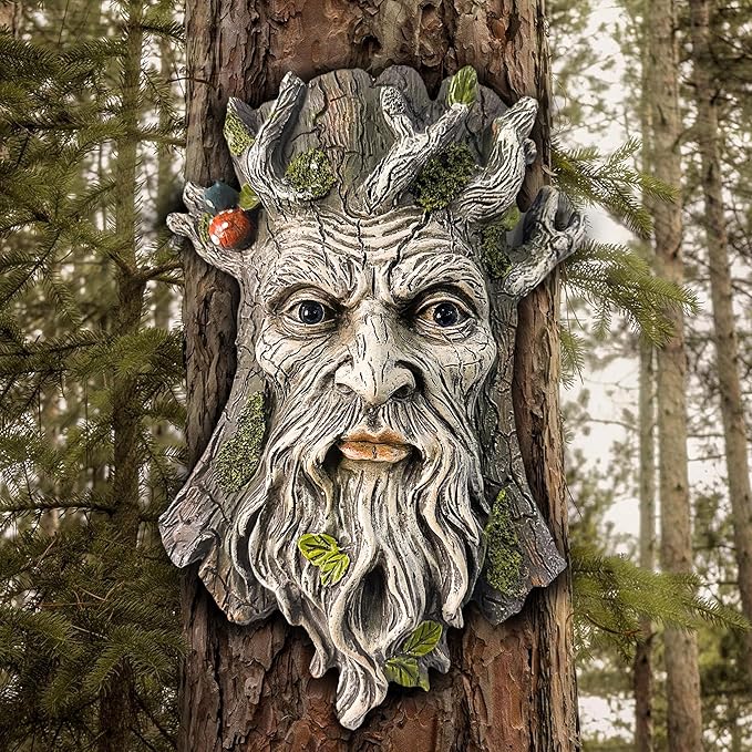 Teaeeno Whimsical Tree Face Garden Decoration, 11.8 in Tree Faces Decor Outdoor Wallmounted Statue Art with Leaf Features, Outdoor Decor Garden Accessory (Outdoors and Nature)