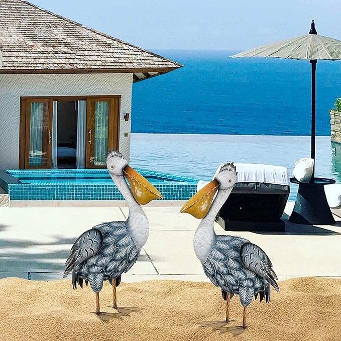 TERESA'S COLLECTIONS 42 inch Glass Blue Heron Solar Stake Light + Metal Pelican Statue for Garden Decor, Decorative Bird Art Sculpture Ornaments for Patio Lawn Backyard Outdoor Decorations