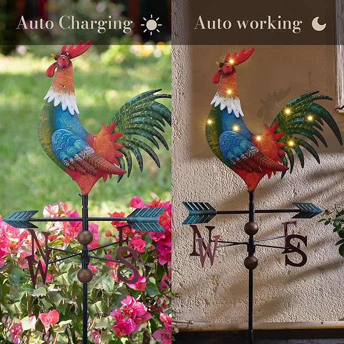 TERESA'S COLLECTIONS Garden Decor with Solar Outdoor Lights, Red Rooster Yard Art Sign for Outside, 39.4'' Metal Weathervane Decorative Garden Stake for Outdoor Decor Lawn, Gifts for Mom