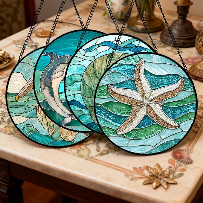DASTOLL Stained Glass Window Hanging 4 Pcs Set Cyan Ocean Life Theme 7.8" - Sea Starfish Suncatcher Door Garden Sun Catcher Decor Birthday for Mom Woman Nana Men Friend