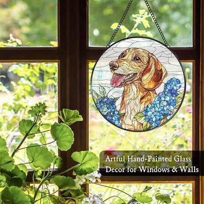 Dachshund Hydrangea Stained Glass Window Hanging Suncatcher, Weiner Dog Sun Catcher Indoor Window, Dachshund Gifts for Women, Dog Painted Glass Round Wall Hanging Decorations, 7.8x7.8 in