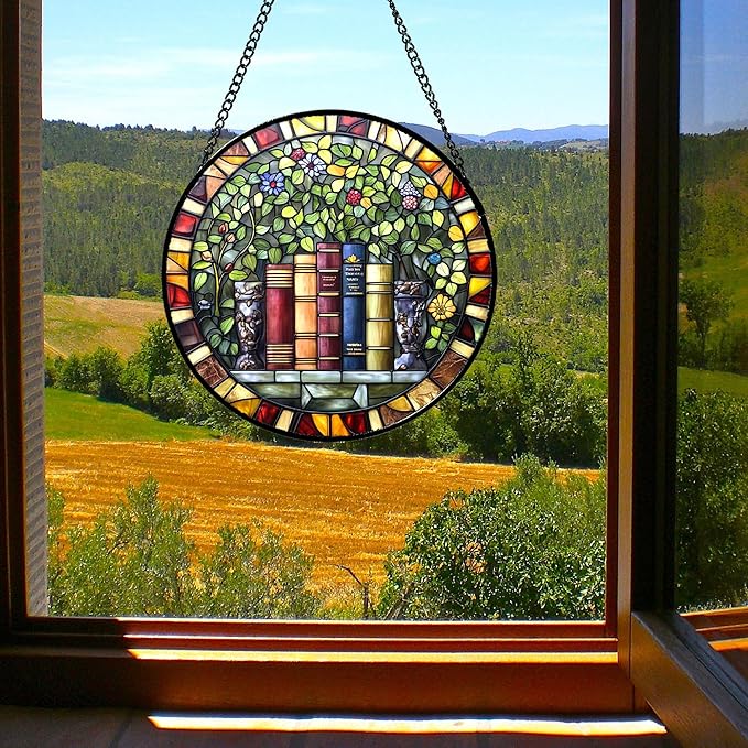 Stained Glass Window Hanging Green Plants Flowers Books 7.8" - Suncatcher Door Garden Sunroom Sun Catcher Decor Birthday Christmas for Mom Men Woman Nana