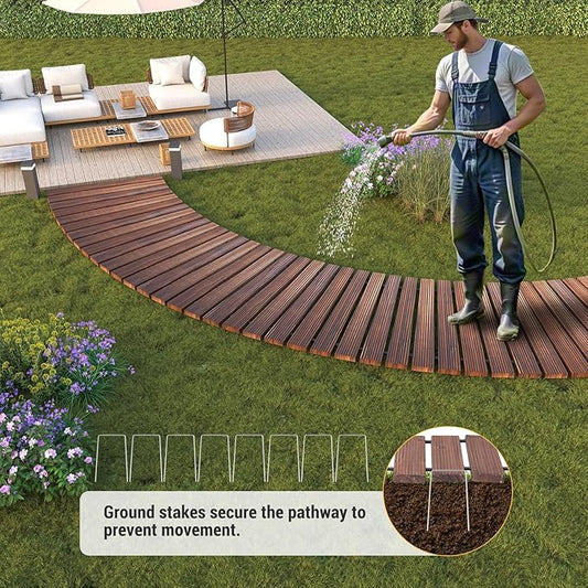 6FT Curved Wooden Garden Pathway Walkway Outdoor Roll Out Decorative Garden Non-Slip Patio Path Decorative Boardwalk Outdoor Road Floor for Backyard Beach Wedding Party
