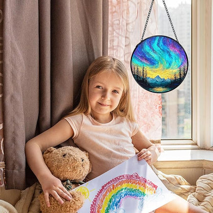 Nature Mountain Aurora Borealis Suncatcher Stained Glass Window Hanging, Northern Lights Sun Catchers Indoor Window Glass Wall Art Decor, Nature Wall Hanging Decor Decorations, 7.9x7.9 Inch
