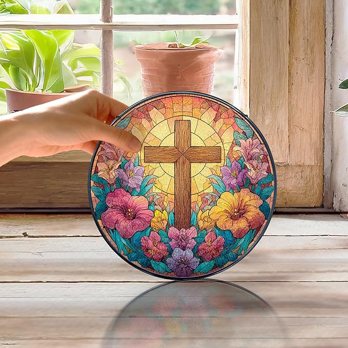 Christian Cross Flower Stained Glass Window Hanging, Cross Suncatcher, Religious Wildflower Christian Sun Catchers Indoor Window Glass Wall Art Hanging Decorations, 7.9x7.9in