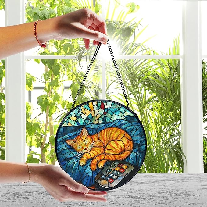Orange Cat Stained Glass Window Hanging, Sleeping Cat Sun Catchers Indoor Window Round Glass Wall Art Decor, Kitten Suncatcher Wall Hanging Decorations, Lawn Care