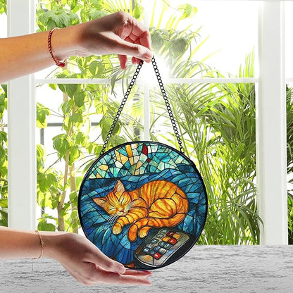 Orange Cat Stained Glass Window Hanging, Sleeping Cat Sun Catchers Indoor Window Round Glass Wall Art Decor, Kitten Suncatcher Wall Hanging Decorations, Lawn Care