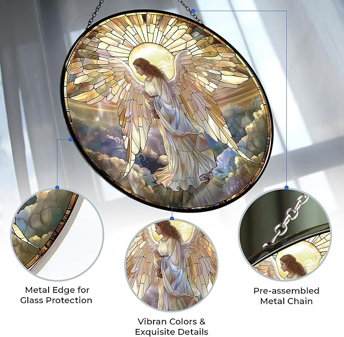 Angel Mushroom Stained Glass Window Hanging, 9.8’’Sun Catcher Glass Panel Boho Wall Art Decor with Chain, Hand Painted Round Glass Gifts for Couples, Housewarming Gift