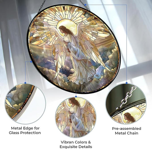 Angel Mushroom Stained Glass Window Hanging, 9.8’’Sun Catcher Glass Panel Boho Wall Art Decor with Chain, Hand Painted Round Glass Gifts for Couples, Housewarming Gift