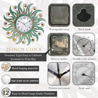 COOZZUHOUR 25 Inch Metal Sun Outdoor Shaped-Clock with Thermometer and Hygrometer Combo, Battery-Powered 10-inch Waterproof Dial and Silent Quartz Movement for Home Decorative Gifts(Cyan)