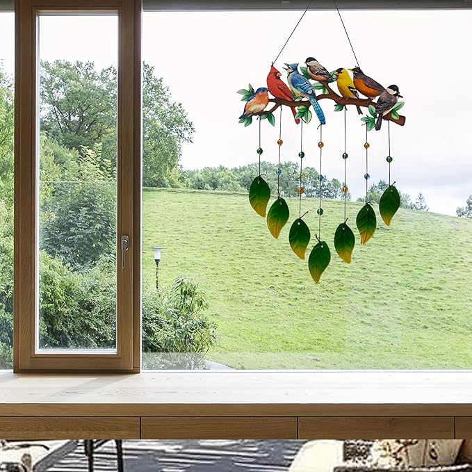Red Cardinal Wind Chimes Outdoor - Colorful Metal & Glass Leaves Hanging Decor for Garden, Yard, Porch