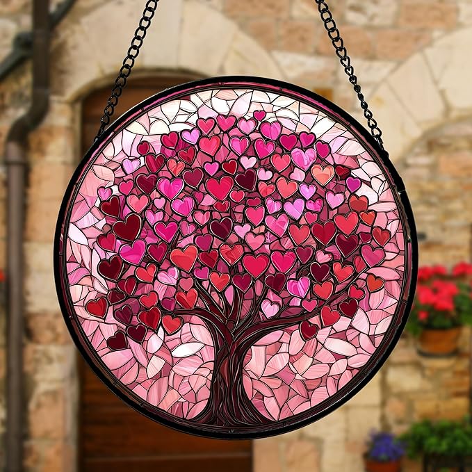 DASTOLL Stained Glass Window Hanging, Pink Love Tree of Life Sun Catchers Colorful Glass Panel Suncatcher Decor for Birthday for Women, Men, Wife, Lovers, and Mom 9.8 in