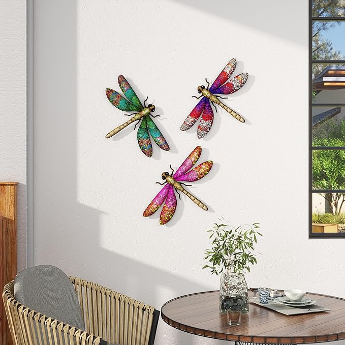3pcs Metal Dragonfly Garden Art Decorations, Outdoor Hanging Wall Decor Sculptures for Home Garden Yard Patio Window