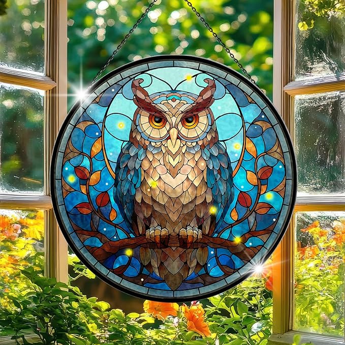 Owl Stained Glass Window Hanging, 7.9" Owl on a Branch Suncatcher for Window Doors Home Decoration, Owls Decor for Home, Mother's Day Christmas Birthday Gifts for Owls Lovers Women Men