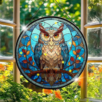 Owl Stained Glass Window Hanging, 7.9" Owl on a Branch Suncatcher for Window Doors Home Decoration, Owls Decor for Home, Mother's Day Christmas Birthday Gifts for Owls Lovers Women Men