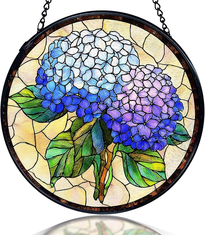 kdqua Hydrangea Flower Suncatcher Stained Glass Window Hanging, Blue Hydrangea Sun Catchers Indoor Window Glass Round Wall Decor, Floral Wall Art Hanging Decorations Statues, 7.9x7.9in