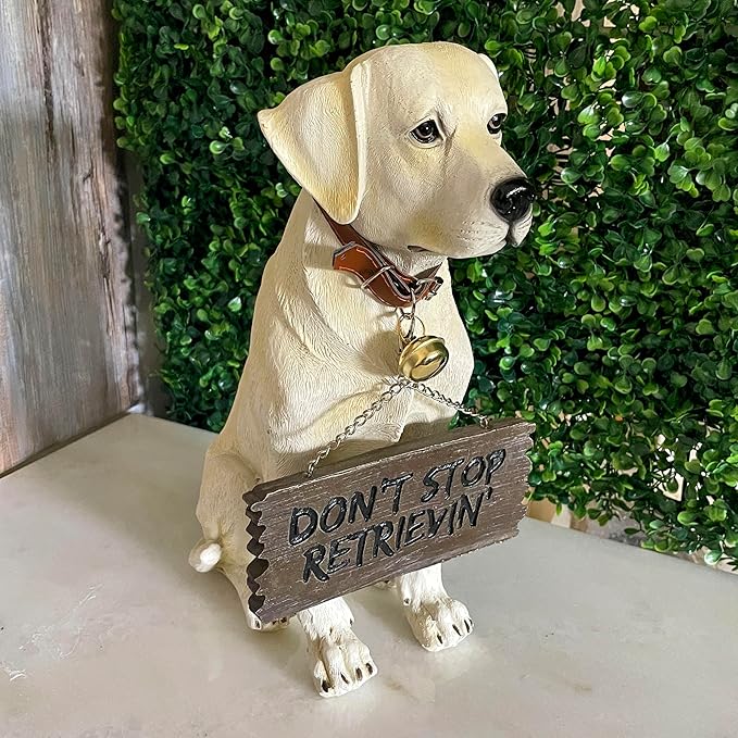 Labrador Retriever Garden Statue with Reversible Welcome Sign, Resin Dog Figurine, Hand-Painted Lab Decor for Lawn, Porch, or Entryway, 13.5 Inch High, Don’t Stop Retrievin’ & Lab Lovers Welcome