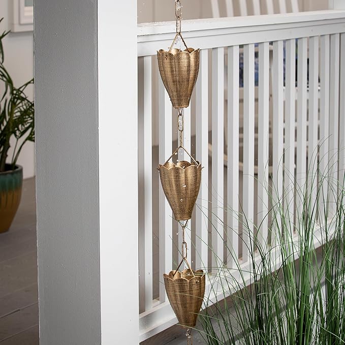 Evergreen Garden Bronze Finish Metal Tulip Rain Chains for Gutters | 8 Ft. Rain Catcher Chain Replacement Downspout | Decorative Rain Chains for Outside Garden Balcony Porch