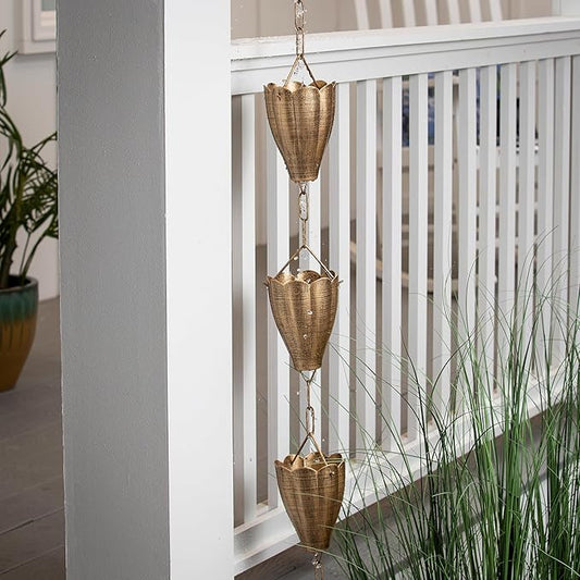 Evergreen Garden Bronze Finish Metal Tulip Rain Chains for Gutters | 8 Ft. Rain Catcher Chain Replacement Downspout | Decorative Rain Chains for Outside Garden Balcony Porch