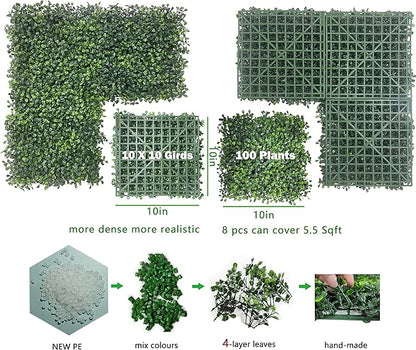 Bybeton 8-Pack Artificial Boxwood Panels (10"x10"), 5-Year UV-Proof Greenery Wall with 2-Inch Thick Leaves, Covers 5.5 Sq.Ft. for Outdoor Privacy Fence, Patio & Indoor Wall Decor
