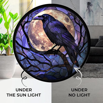 Crow Stained Glass Window Hanging,Hummingbird Sun Catchers Indoor Window Decor, Stained Glass Suncatcher Gifts for Women, Crow Lover, Christmas Decorations