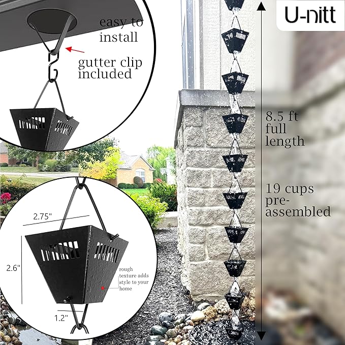 U-nitt Rain Chain Water Collection for Gutters Rainwater Catcher & Diverter, 8.5 FT Chains for Outside Garden, Black Square Cups, Roof Downspout, Works with Heavy Rain, w/ Gutter Clip for Rainchains