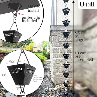 U-nitt Rain Chain Water Collection for Gutters Rainwater Catcher & Diverter, 8.5 FT Chains for Outside Garden, Black Square Cups, Roof Downspout, Works with Heavy Rain, w/ Gutter Clip for Rainchains