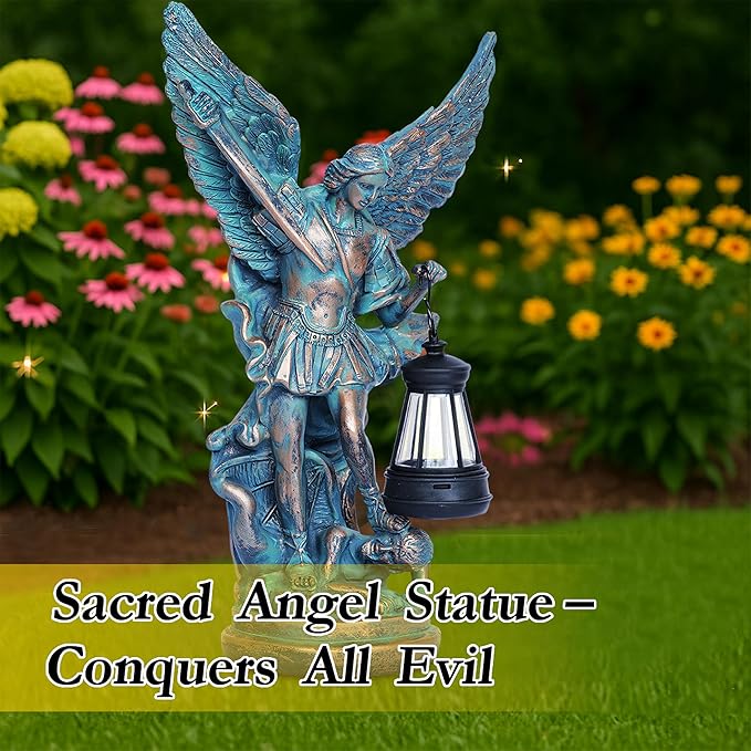 Solar San Miguel Arcangel Outdoor Garden Decor Statues 12.4" Solar St Michael the Archangel Satue for Yard Patio Lawn Porch Decorations Resin St Michael Figurine Religious Collection Sculptures Gifts
