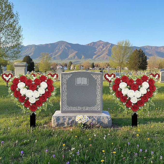 Frienda 2 Sets Cemetery Flowers Grave Stake Metal Floral Decor for Tombstone, Outdoor Gravesite Markers for Mom Dad, Memorial Day Spring Easter Grave Decor(Heart,Red,White)