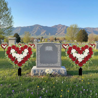 Frienda 2 Sets Cemetery Flowers Grave Stake Metal Floral Decor for Tombstone, Outdoor Gravesite Markers for Mom Dad, Memorial Day Spring Easter Grave Decor(Heart,Red,White)