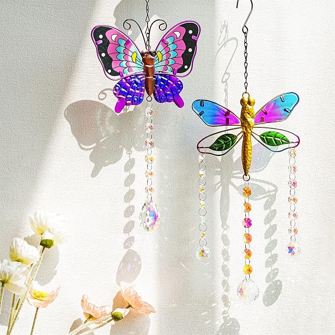 YU FENG Set 2 Suncatchers with Crystals,Stained Glass Butterfly Dragonfly Sun Catchers Window Garden Hanging Decoration Ornament,Prism Rainbow Maker Pendant Ornament for Christmas Tree