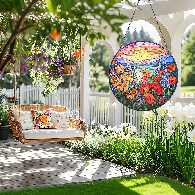 Stained Glass Window Hanging, Flower Sun Catcher for Door Terrace Garden Kitchen Home Decor, Mountain and Sunset Suncatchers for Mother's Day Birthday Gifts for Women Men Dad Mom Nana Wife 9.8 in