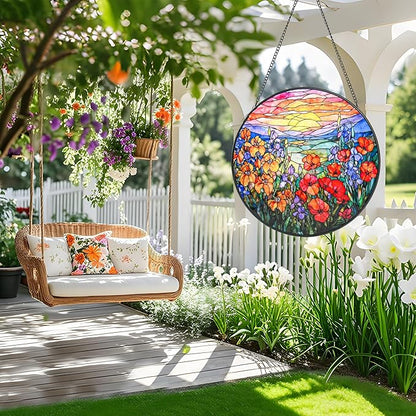 Stained Glass Window Hanging, Flower Sun Catcher for Door Terrace Garden Kitchen Home Decor, Mountain and Sunset Suncatchers for Mother's Day Birthday Gifts for Women Men Dad Mom Nana Wife 9.8 in