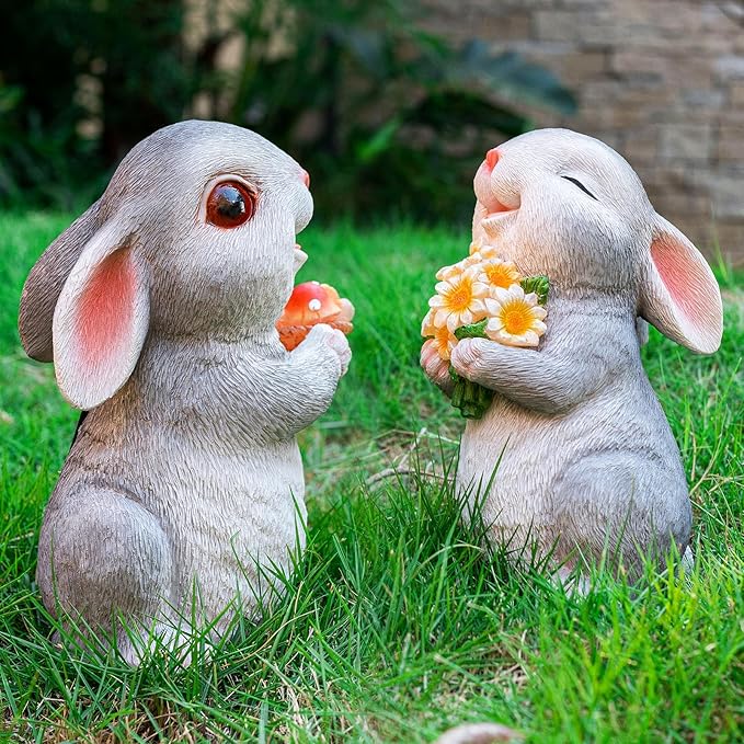 Solar Rabbit Garden Statues Outdoor Decor Resin Bunny Figurine Holding Mushroom with LED Lights for Porch Patio Lawn Yard Christmas Housewarming Gardening Gifts for Mom Grandma