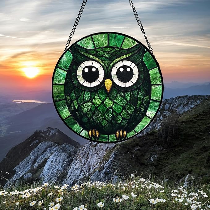 Stained Glass Window Hanging - Green Owl Suncatcher for Doors Garden Patio Funny Bird Sun Catchers Decor Christmas Mother's Day Birthday Teenager Gifts for Women Men Mom Nana Friend 9.8 in