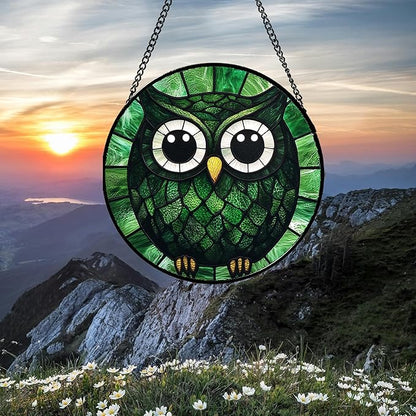 Stained Glass Window Hanging - Green Owl Suncatcher for Doors Garden Patio Funny Bird Sun Catchers Decor Christmas Mother's Day Birthday Teenager Gifts for Women Men Mom Nana Friend 9.8 in