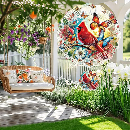 Cardinal Wind Spinner Outdoor, Bird Decor Gift for Men Women, Hanging Metal Wind Catcher with 3" Center Pendant, 12" 3D Stainless Steel Kinetic Art for Garden Yard