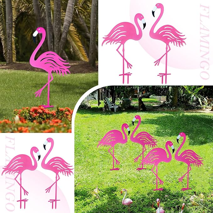 Riakrum 4 Pcs Flamingos Outdoor Yard Decor Pink Metal Flamingos for Yard Garden Large Bird Statue Ornaments for Lawn, Patio Outside Art Decor
