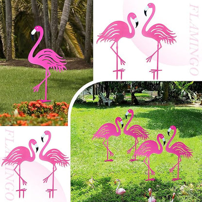 Riakrum 4 Pcs Flamingos Outdoor Yard Decor Pink Metal Flamingos for Yard Garden Large Bird Statue Ornaments for Lawn, Patio Outside Art Decor