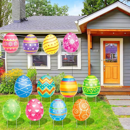 Beeveer 12 Pcs Easter Yard Signs Lawn Sign with Stakes Easter Egg Yard Decor Outdoor Lawn Decorations Hanging Ornaments for Spring Patio Garden Party Supplies Photo Props