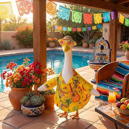 6 Pcs/Set Hawaiian Porch Goose Outfits, Mexican Style Summer Lawn Goose Costume, Garden Goose Clothes Yellow Shirt with Straw Hat Glasses Necklaces for 23" H Statue Outdoor Patio Yard Decor